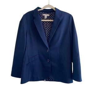 Chico’s Navy Blue 2 Button Blazer Jacket Polka Dot Lining Women’s Chicos Size 1